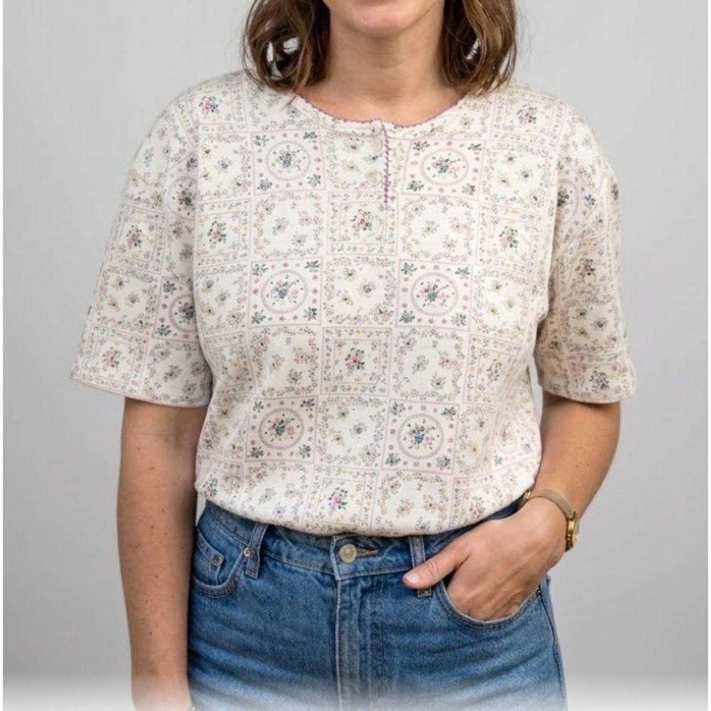 Northern Spirit Womens Medium Floral Patchwork Henley Short Sleeve Shirt White
